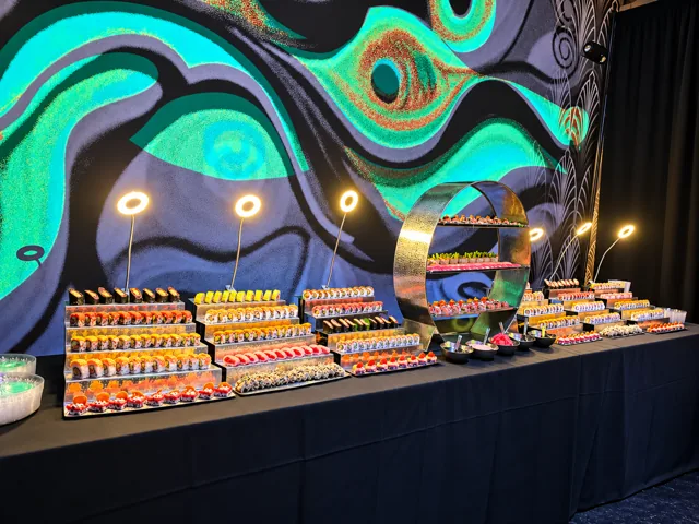 Sushi arranged on tiered display stands