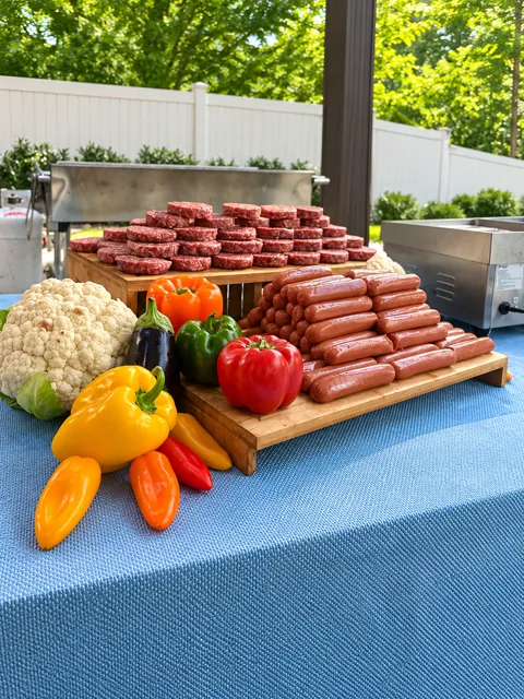Barbecue display with peppers, burgers and hot dogs