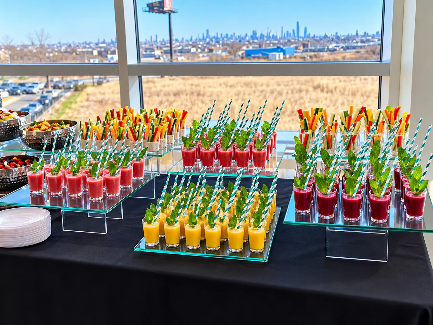 Vibrant appetizers and vegetable cups displayed by large windows